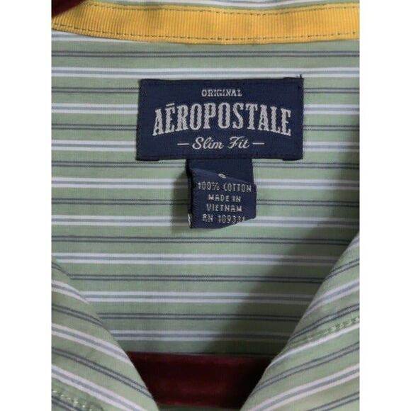 Aeropostale Mens Button Front Shirt Slim Fit Green Long Sleeve Striped Sz Small - Picture 6 of 10